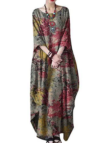 ZANZEA Damen Leinenkleider Halbe Ärmel Rundhals Druckkleid Elegant Maxikleid A-Linie Freizeitkleid Große Größen Boho Kleid Oversize Sommerkleider A-Gelb 3XL von ZANZEA