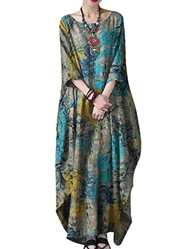 ZANZEA Damen Leinenkleider Halbe Ärmel Rundhals Druckkleid Elegant Maxikleid A-Linie Freizeitkleid Große Größen Boho Kleid Oversize Sommerkleider A-Grün 3XL von ZANZEA