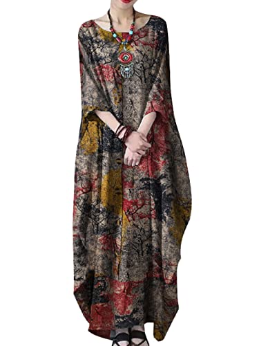 ZANZEA Damen Leinenkleider Halbe Ärmel Rundhals Druckkleid Elegant Maxikleid A-Linie Freizeitkleid Große Größen Boho Kleid Oversize Sommerkleider A-Rot 3XL von ZANZEA