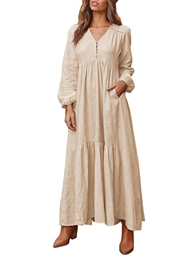 ZANZEA Damen Maxikleid Elegant V-Ausschnitt Rüschen Langarm Strandkleid Lange Tunika Kleider mit Knopf Beige 4XL von ZANZEA