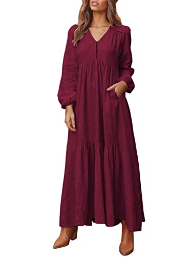 ZANZEA Damen Maxikleid Elegant V-Ausschnitt Rüschen Langarm Strandkleid Lange Tunika Kleider mit Knopf Rot 3XL von ZANZEA