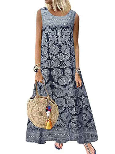 ZANZEA Damen Maxikleider Sommer Rundhals Floral Gedruckt Langekleider Elegante Ärmellos Vintage Casual Strandkleid 03-Marineblau 3XL von ZANZEA