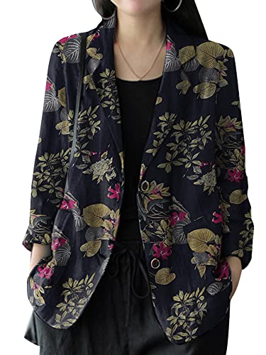 ZANZEA Damen Print Leinenjacke Moderner Business Blazer Revers Langarm Anzugjacke Casual Loose Fit Dünner Blazerjacke B-Marineblau M von ZANZEA