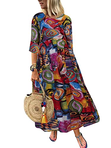 ZANZEA Damen Rundhals 1/2 Ärmel Sommer Kleider Drucken Vintage Locker Elegant Freizeitkleid Strandkleider Lange Maxikleid Boho-Rot 3XL von ZANZEA