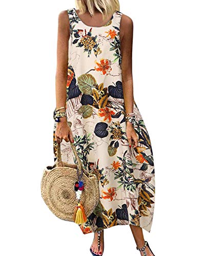 ZANZEA Damen Rundhals Ärmellos Blumen Kleider Vintage Locker Elegant Freizeitkleid Strand Sommerkleid Lange Blumenkleid Maxikleider Blumen-Gelb XXL von ZANZEA