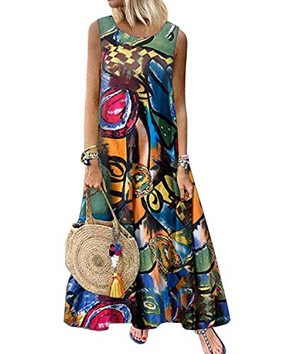 ZANZEA Damen Rundhals Ärmellos Kleider Drucken Vintage Locker Elegant Freizeitkleid Sommer Strandkleider Lange Maxikleid Bohmendruck-Grün 3XL von ZANZEA