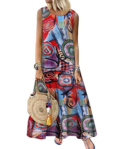 ZANZEA Damen Rundhals Ärmellos Kleider Drucken Vintage Locker Elegant Freizeitkleid Sommer Strandkleider Lange Maxikleid Bohmendruck-Rot 5XL von ZANZEA