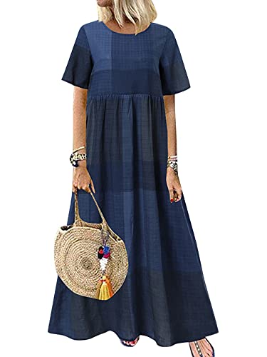 ZANZEA Damen Rundhals Kurzarm Kariert Kleider Vintage Locker Elegant Freizeitkleid Sommer Lange Maxikleider Kariert-blau 3XL von ZANZEA