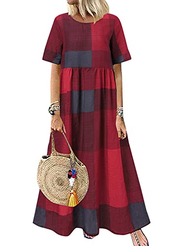 ZANZEA Damen Rundhals Kurzarm Kariert Kleider Vintage Locker Elegant Freizeitkleid Sommer Lange Maxikleider Kariert-weinrot 3XL von ZANZEA