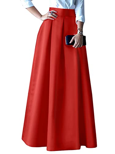 ZANZEA Damen Satin Rock Retro Maxirock Hoher Taille Lang Rock Festlich Tellerrock Faltenrock 04-Rot XXL von ZANZEA