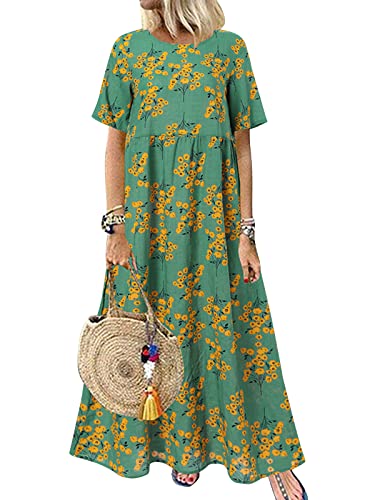 ZANZEA Damen Sommerkleid Elegant Lang Kleid Rundhals Blumen Maxikleid Floral Kurzarm Langer Kleider Casual Strandkleid 01-grün XL von ZANZEA