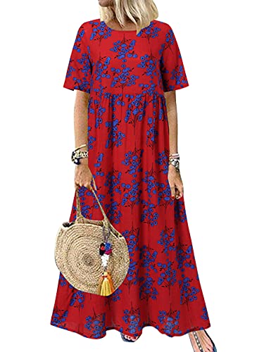 ZANZEA Damen Sommerkleid Elegant Lang Kleid Rundhals Blumen Maxikleid Floral Kurzarm Langer Kleider Casual Strandkleid 01-rot XL von ZANZEA