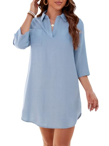 ZANZEA Damen Strandkleid Bikini Cover Up Strandponcho Sommer Bademode Strand Vertuschen Shirt Light blau S von ZANZEA