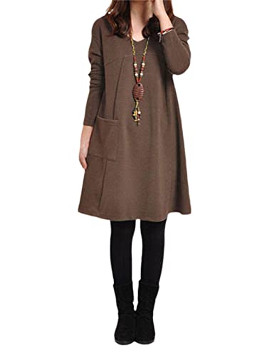 ZANZEA Damen Sweatkleider Lässiges Langarm Warm Winterkleider Elegant A Linie Pulloverkleid Einfarbig Herbst Knielang Midikleid B-Kaffee 3XL von ZANZEA