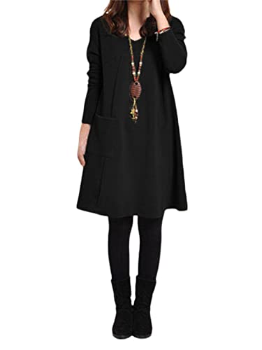 ZANZEA Damen Sweatkleider Lässiges Langarm Warm Winterkleider Elegant A Linie Pulloverkleid Einfarbig Herbst Knielang Midikleid B-Schwarzk 4XL von ZANZEA