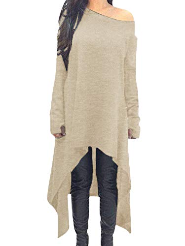 ZANZEA Damen Unregelmäßige Strick Oversize Langarm Pullikleid Longshirt Top Minikleid Beige L von ZANZEA
