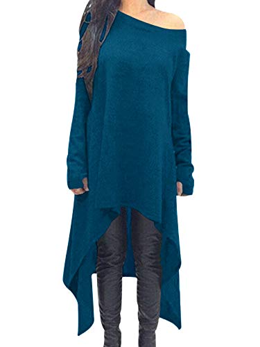 ZANZEA Damen Unregelmäßige Strick Oversize Langarm Pullikleid Longshirt Top Minikleid Cyan M von ZANZEA