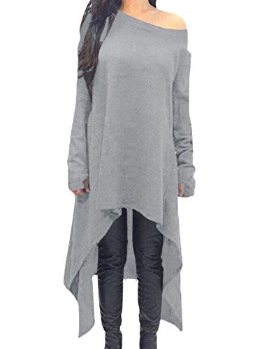ZANZEA Damen Unregelmäßige Strick Oversize Langarm Pullikleid Longshirt Top Minikleid Hellgrau Large von ZANZEA
