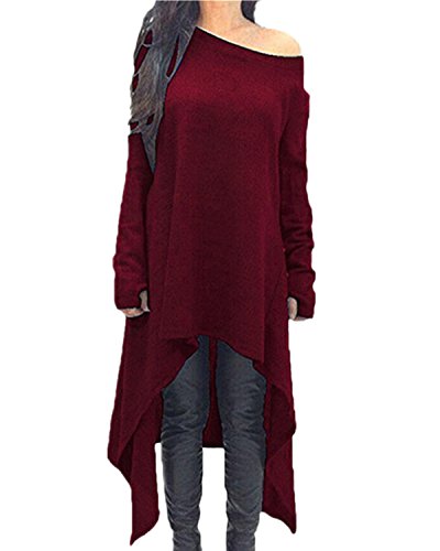 ZANZEA Damen Unregelmäßige Strick Oversize Langarm Pullikleid Longshirt Top Minikleid Rot S von ZANZEA