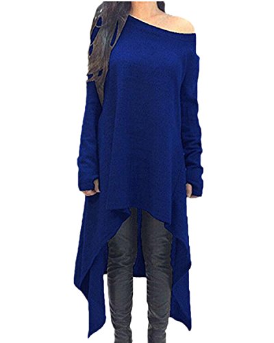 ZANZEA Damen Unregelmäßige Strick Oversize Langarm Pullikleid Longshirt Top Minikleid Royal S von ZANZEA