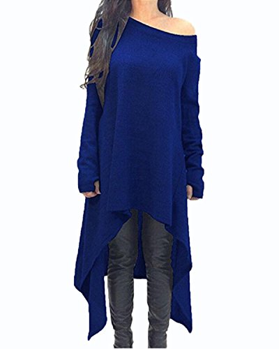 ZANZEA Damen Unregelmäßige Strick Oversize Langarm Pullikleid Longshirt Top Minikleid Royal L von ZANZEA