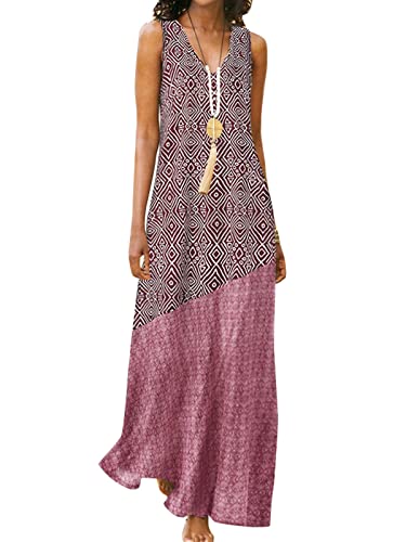 ZANZEA Damen V-Ausschnitt Ärmellos Sommer Kleider Geometrisch Muster Vintage Locker Elegant Freizeitkleid Strand Sommerkleid Lange Maxikleid Stitching-weinrot 4XL von ZANZEA