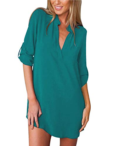 ZANZEA Bluse Damen V-Ausschnitt Langarm Elegant Hemd Chiffon Oversize Longblus Casual Tunika Oberteile Tops A-Cyan 44 EU von ZANZEA