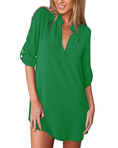 ZANZEA Bluse Damen V-Ausschnitt Langarm Elegant Hemd Chiffon Oversize Longblus Casual Tunika Oberteile Tops A-grasgrün 50 EU von ZANZEA