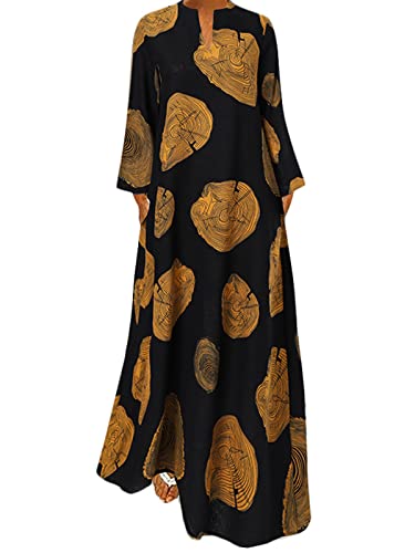 ZANZEA Damen V-Ausschnitt Langarm Kleider Drucken Vintage Locker Elegant Freizeitkleid Sommer Lange Maxikleid Drucken-Gelb L von ZANZEA