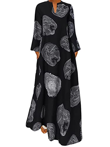 ZANZEA Damen V-Ausschnitt Langarm Kleider Drucken Vintage Locker Elegant Freizeitkleid Sommer Lange Maxikleid Drucken-Schwarz XL von ZANZEA