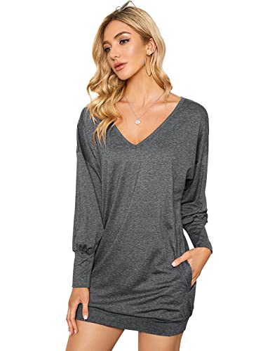 ZANZEA Damen V-Ausschnitt Langarm Pullover Lange Lose Sweatshirt Oversize Longshirt Tops Dunkelgrau EU 46-48/Asien XL von ZANZEA