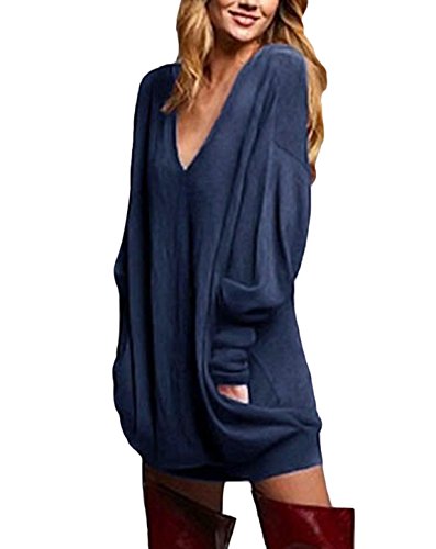 ZANZEA Damen V-Ausschnitt Lose Langarm Oberteile Oversize Lang Sweatshirt Tops Y-blau S von ZANZEA