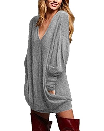 ZANZEA Damen V-Ausschnitt Lose Langarm Oberteile Oversize Lang Sweatshirt Tops Grau S von ZANZEA