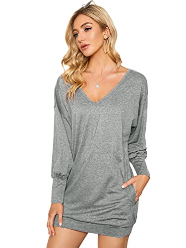 ZANZEA Damen V-Ausschnitt Lose Langarm Oberteile Oversize Lang Sweatshirt Tops Grau L von ZANZEA