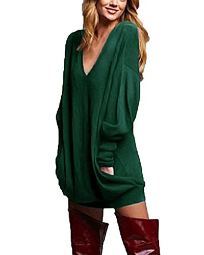 ZANZEA Damen V-Ausschnitt Lose Langarm Oberteile Oversize Lang Sweatshirt Tops Y-grün M von ZANZEA