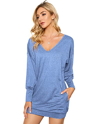 ZANZEA Damen V-Ausschnitt Lose Langarm Oberteile Oversize Lang Sweatshirt Tops Hellblau L von ZANZEA