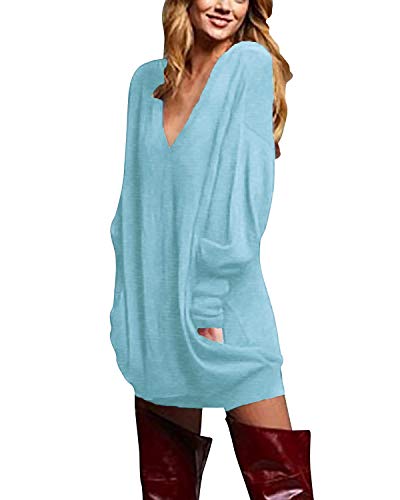 ZANZEA Damen V-Ausschnitt Lose Langarm Oberteile Oversize Lang Sweatshirt Tops Pullover Hell Cyan 42-4 EU von ZANZEA