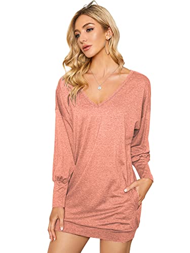 ZANZEA Damen V-Ausschnitt Lose Langarm Oberteile Oversize Lang Sweatshirt Tops Pullover Orange Rosa 52 EU von ZANZEA