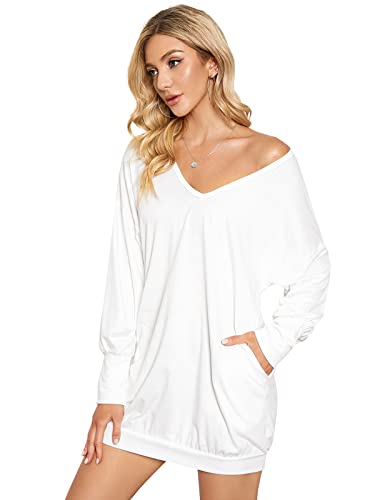 ZANZEA Damen V-Ausschnitt Lose Langarm Oberteile Oversize Lang Sweatshirt Tops Weiß S von ZANZEA