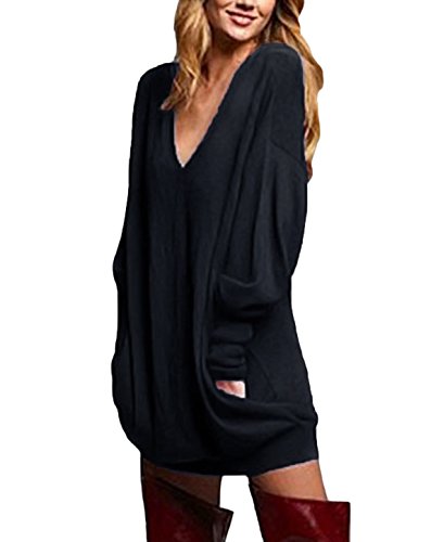 ZANZEA Damen V-Ausschnitt Lose Langarm Oberteile Oversize Lang Sweatshirt Tops Schwarz M von ZANZEA