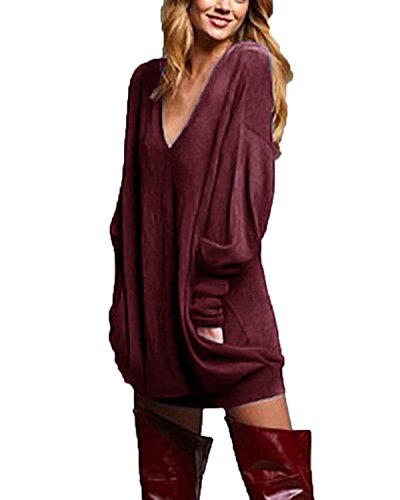 ZANZEA Damen V-Ausschnitt Lose Langarm Oberteile Oversize Lang Sweatshirt Tops Wine Rot L von ZANZEA