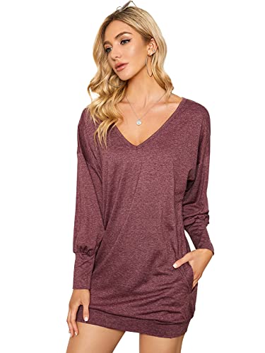 ZANZEA Damen V-Ausschnitt Lose Langarm Oberteile Oversize Lang Sweatshirt Tops Wine Rot S von ZANZEA