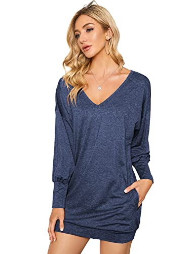 ZANZEA Damen V-Ausschnitt Lose Langarm Oberteile Oversize Lang Sweatshirt Tops Y-blau L von ZANZEA