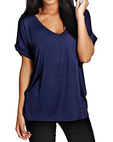 ZANZEA Damen V-Ausschnitte Kurz Fledermausärmel Lose T-Shirt Tops Bluse Navy EU 42-44/Etikettgröße L von ZANZEA