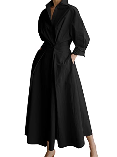 ZANZEA Elegante Blusenkleider Damen V-Ausschnitt Elastische Hohe Taille Maxikleider Oversize mit Knopf A-Schwarz M von ZANZEA