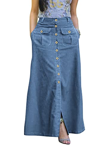 ZANZEA Jeans Rock Damen Lang Elegant Vorne Knopf A-Linie Maxirock Vintage Röcke High Waist Sommer Jean Maxirock C-Hellblau XL von ZANZEA