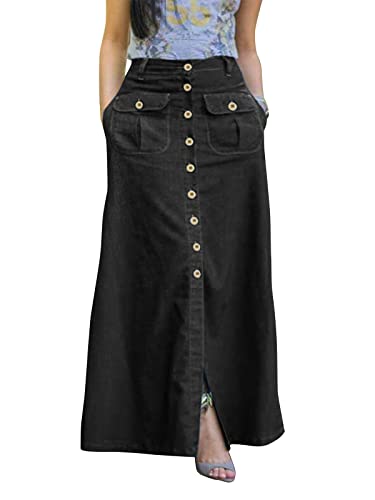 ZANZEA Jeans Rock Damen Lang Elegant Vorne Knopf A-Linie Maxirock Vintage Röcke High Waist Sommer Jean Maxirock C-Schwarz M von ZANZEA