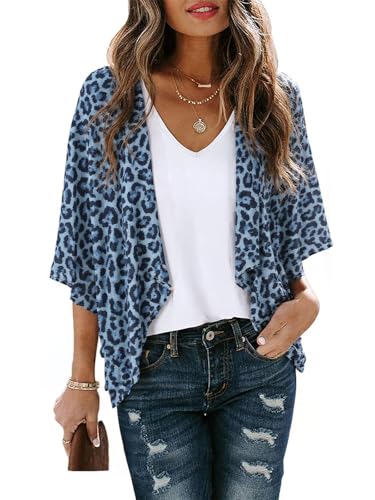 ZANZEA Kimono Damen Sommer Strand Leopardenmuster Leichte Strickjacke Bikini Cover Up Frauen Strandponcho Beachwear Leopardprint-Blau M von ZANZEA