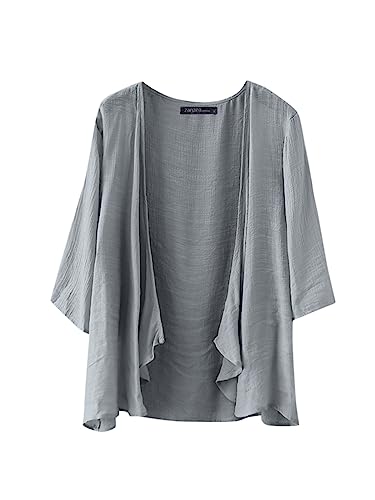 ZANZEA Kimono Damen Strand Kurz Cardigan Sommer Boho 3/4 Arm Strickjacke Strand Cover Up Große Größen Strandponcho Oversize Cardigan B-Grau 3XL von ZANZEA