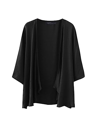 ZANZEA Kimono Damen Strand Kurz Cardigan Sommer Boho 3/4 Arm Strickjacke Strand Cover Up Große Größen Strandponcho Oversize Cardigan B-Schwarz 3XL von ZANZEA